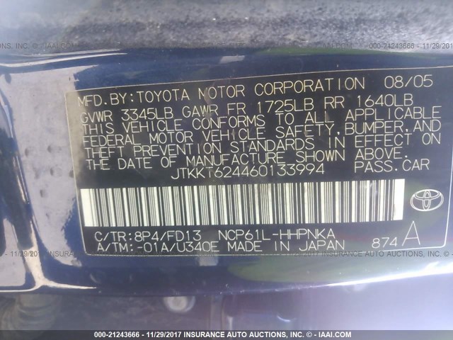 JTKKT624460133994 - 2006 TOYOTA SCION XA BLUE photo 9