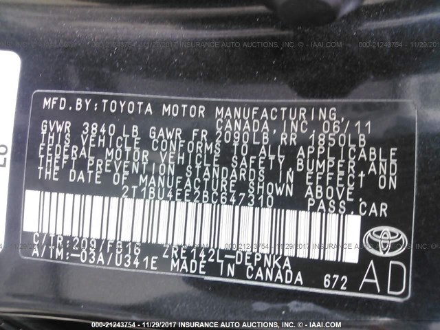 2T1BU4EE2BC647310 - 2011 TOYOTA COROLLA S/LE BLACK photo 9