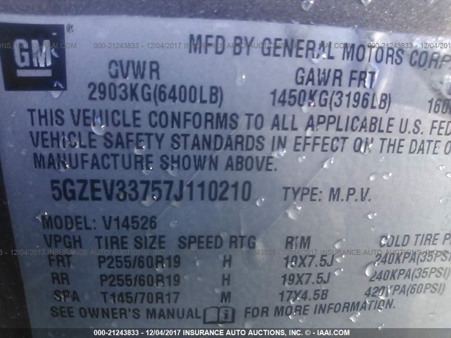 5GZEV33757J110210 - 2007 SATURN OUTLOOK SPECIAL 灰色 照片 9