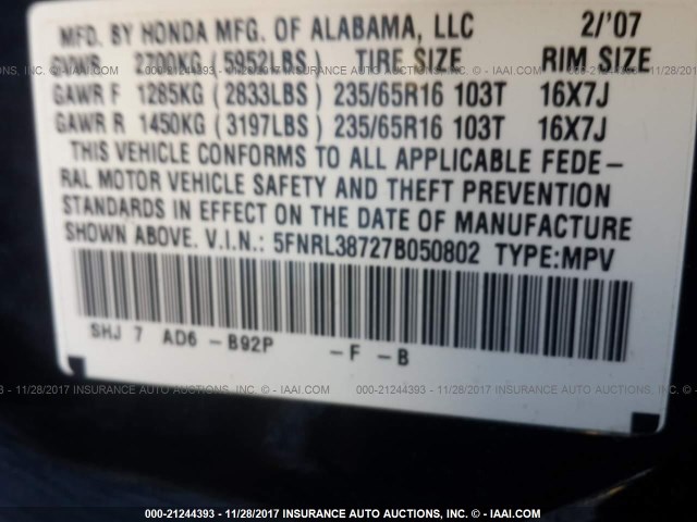 5FNRL38727B050802 - 2007 HONDA ODYSSEY EXL შავი ფოტო 9