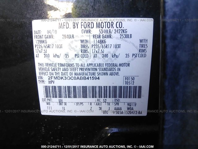 2FMDK3GC0ABB41594 - 2010 FORD EDGE SE BLACK photo 9