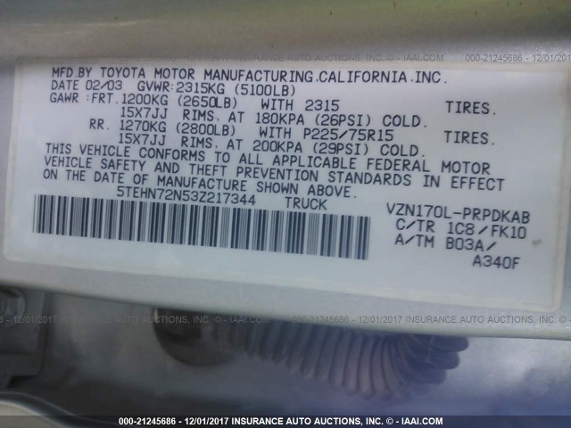 5TEHN72N53Z217344 - 2003 TOYOTA TACOMA DOUBLE CAB 银色 照片 9