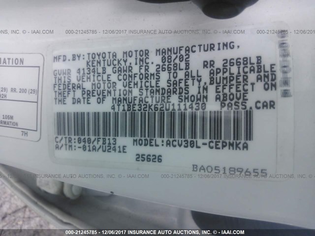 4T1BE32K62U111430 - 2002 TOYOTA CAMRY LE/XLE/SE თეთრი ფოტო 9