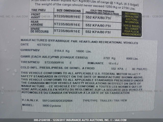 5SFCG4332DE252604 - 2013 HEARTLAND CYCLONE  灰色 照片 9