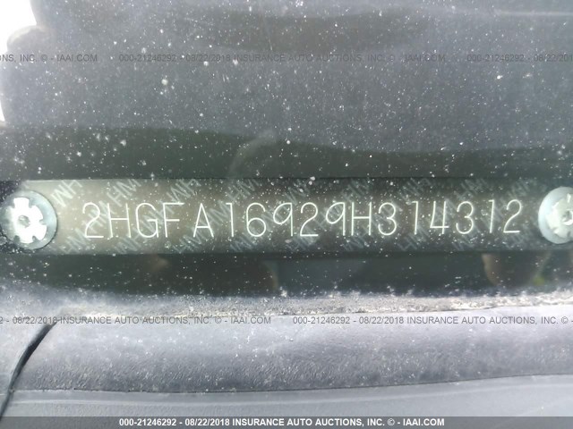 2HGFA16929H314312 - 2009 HONDA CIVIC EXL 灰色 照片 9