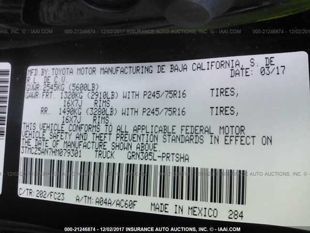 3TMCZ5AN7HM079301 - 2017 TOYOTA TACOMA DBL CAB/SR/TRDSPT/OR/PRO Қара фото 9