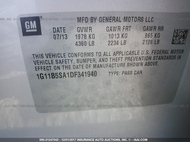 1G11B5SA1DF341940 - 2013 CHEVROLET MALIBU LS SILVER photo 9