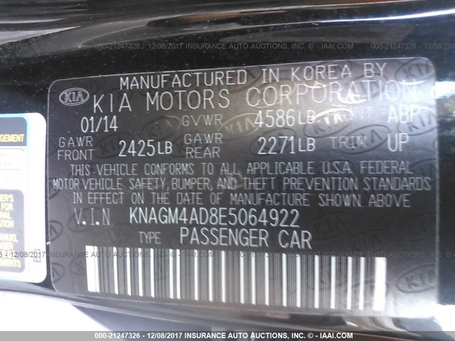 KNAGM4AD8E5064922 - 2014 KIA OPTIMA HYBRID BLACK photo 9