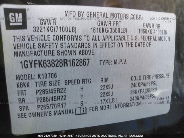 1GYFK63828R162867 - 2008 CADILLAC ESCALADE LUXURY შავი ფოტო 9