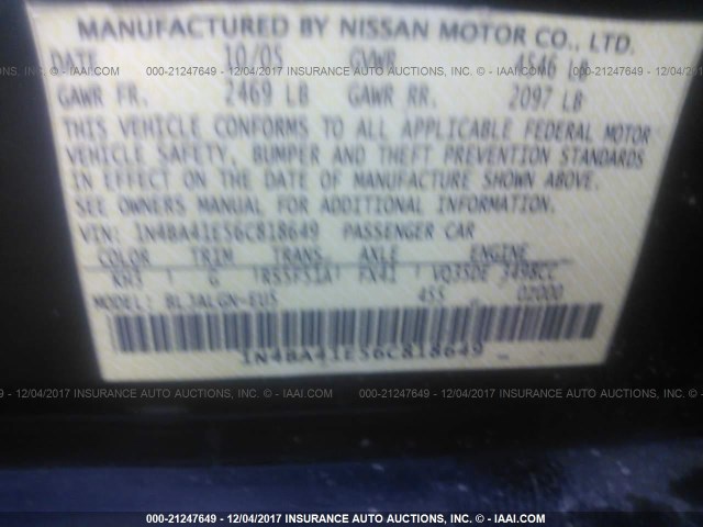 1N4BA41E56C818649 - 2006 NISSAN MAXIMA SE/SL BLACK photo 9