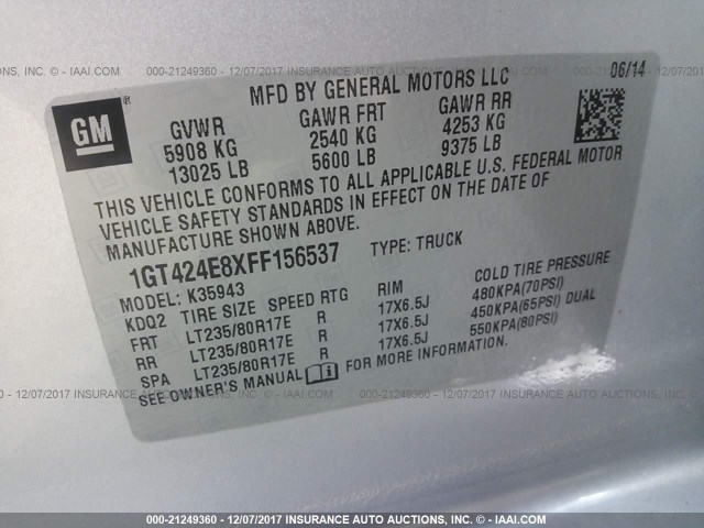 1GT424E8XFF156537 - 2015 GMC SIERRA K3500 DENALI SILVER photo 9