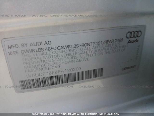 WAUDF78E86A120203 - 2006 AUDI A4 2.0T QUATTRO SILVER photo 9