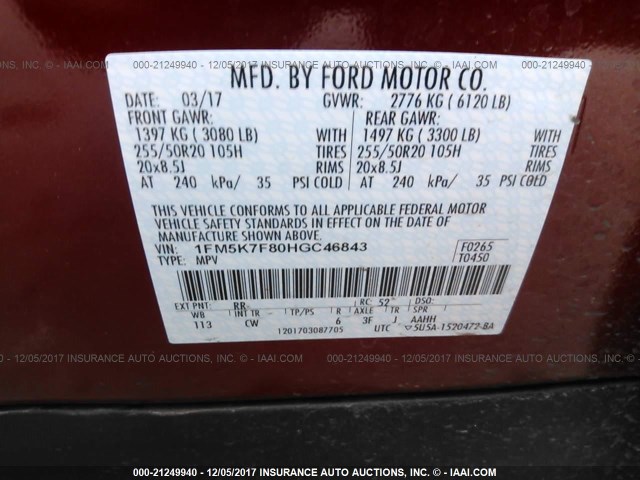 1FM5K7F80HGC46843 - 2017 FORD EXPLORER LIMITED RED photo 9