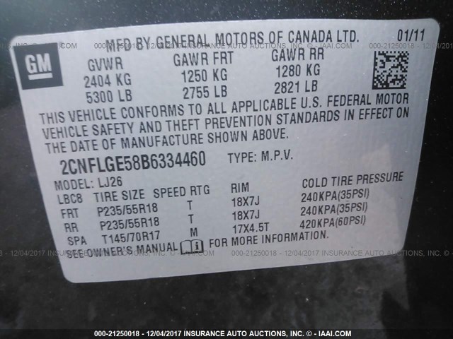 2CNFLGE58B6334460 - 2011 CHEVROLET EQUINOX LTZ BLACK photo 9