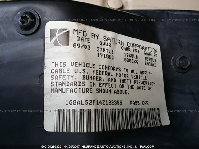 1G8AL52F14Z122355 - 2004 SATURN ION LEVEL 3 TAN photo 9