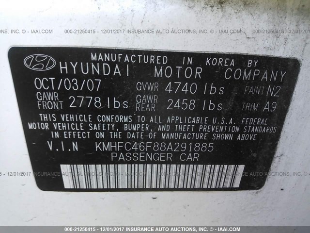 KMHFC46F88A291885 - 2008 HYUNDAI AZERA SE/LIMITED WHITE photo 9