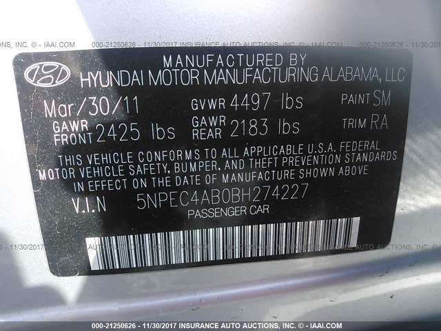 5NPEC4AB0BH274227 - 2011 HYUNDAI SONATA SE/LIMITED SILVER photo 9