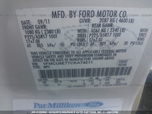 1FMCU9E77CKA74211 - 2012 FORD ESCAPE LIMITED WHITE photo 9