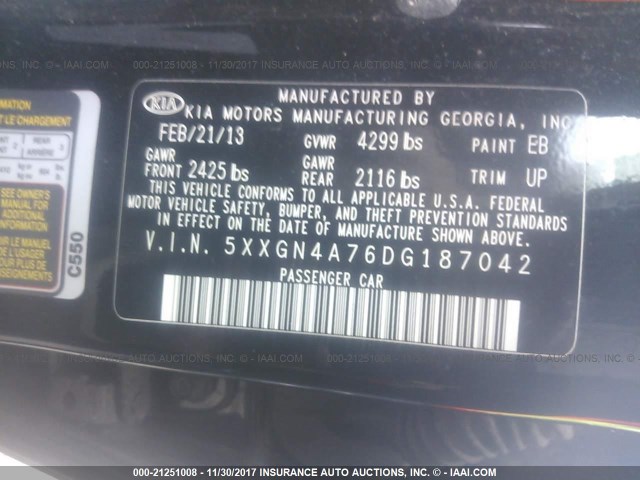 5XXGN4A76DG187042 - 2013 KIA OPTIMA EX BLACK photo 9