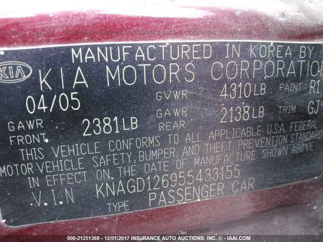 KNAGD126955433155 - 2005 KIA OPTIMA LX/EX BURGUNDY photo 9