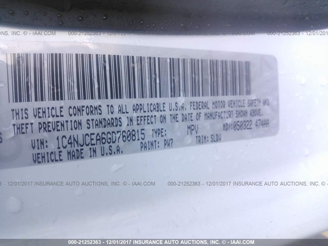 1C4NJCEA6GD760815 - 2016 JEEP COMPASS LATITUDE 白色 照片 9