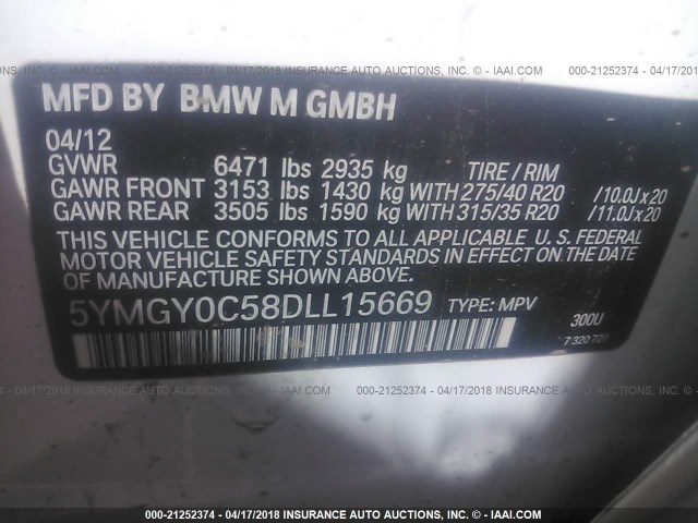 5YMGY0C58DLL15669 - 2013 BMW X5 M WHITE photo 9