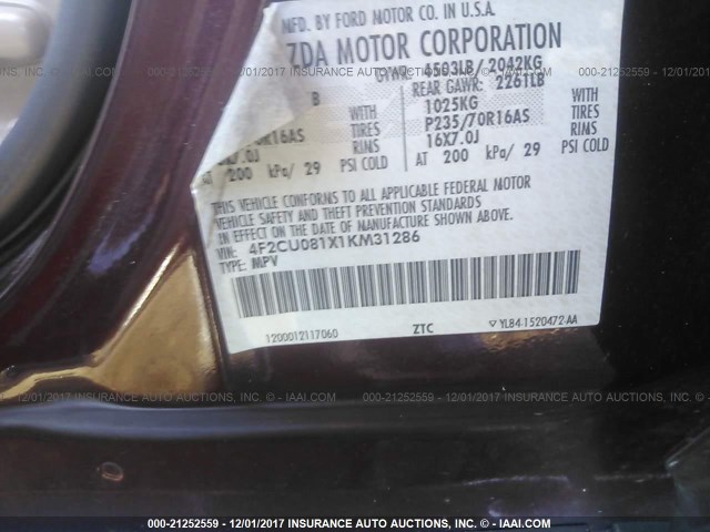 4F2CU081X1KM31286 - 2001 MAZDA TRIBUTE LX/ES მუქწითელი ფოტო 9