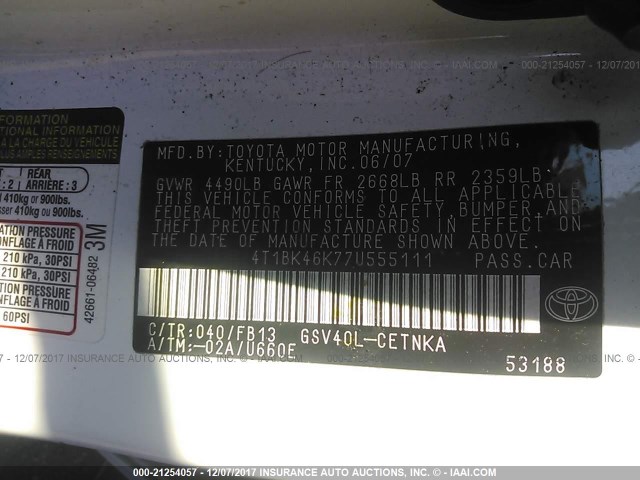 4T1BK46K77U555111 - 2007 TOYOTA CAMRY NEW GENERAT LE/XLE/SE WHITE photo 9