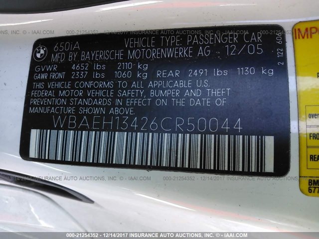 WBAEH13426CR50044 - 2006 BMW 650 I Ağ foto 9