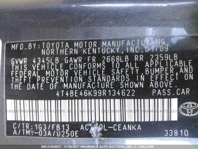 4T4BE46K99R134622 - 2009 TOYOTA CAMRY SE/LE/XLE GRAY photo 9