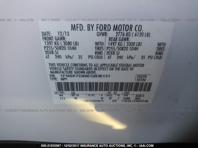 1FM5K7D89EGB36131 - 2014 FORD EXPLORER XLT WHITE photo 9