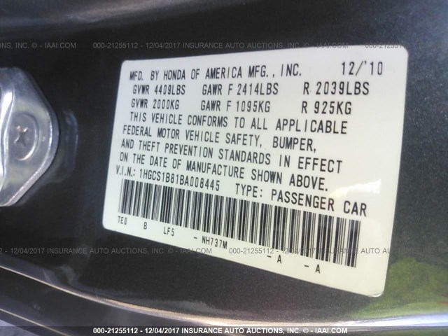 1HGCS1B81BA008445 - 2011 HONDA ACCORD EXL GRAY photo 9