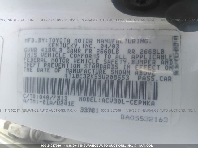 4T1BE32K53U208653 - 2003 TOYOTA CAMRY LE/XLE/SE თეთრი ფოტო 9