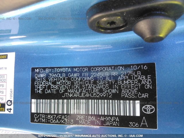 JTNKARJE4HJ529912 - 2017 TOYOTA COROLLA IM BLUE photo 9