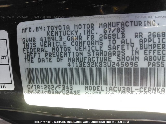 4T1BE32K83U245096 - 2003 TOYOTA CAMRY LE/XLE/SE 黑色 照片 9