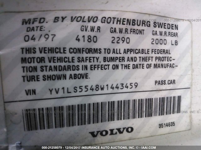 YV1LS5548W1443459 - 1998 VOLVO S70 WHITE photo 9