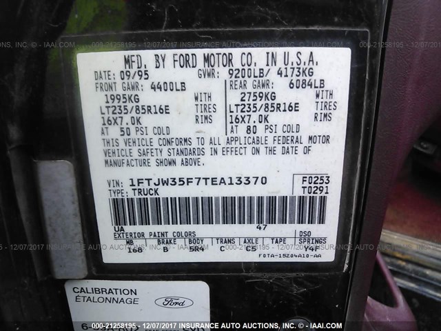 1FTJW35F7TEA13370 - 1996 FORD F350 BLACK photo 9