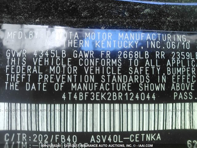 4T4BF3EK2BR124044 - 2011 TOYOTA CAMRY SE/LE/XLE BLACK photo 9