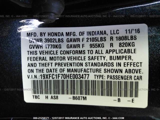 19XFC1F70HE003477 - 2017 HONDA CIVIC EXL GRAY photo 9