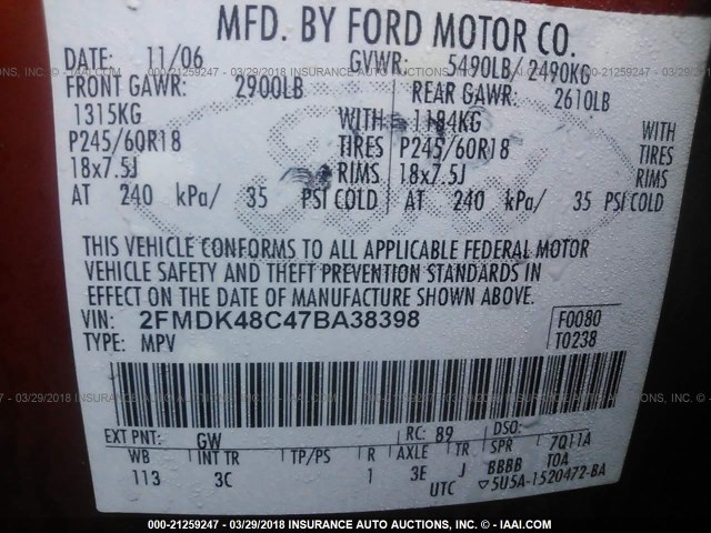 2FMDK48C47BA38398 - 2007 FORD EDGE SEL ORANGE photo 9