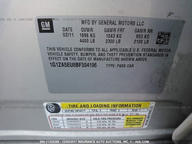 1G1ZA5EU8BF304196 - 2011 CHEVROLET MALIBU LS ოქროსფერი ფოტო 9