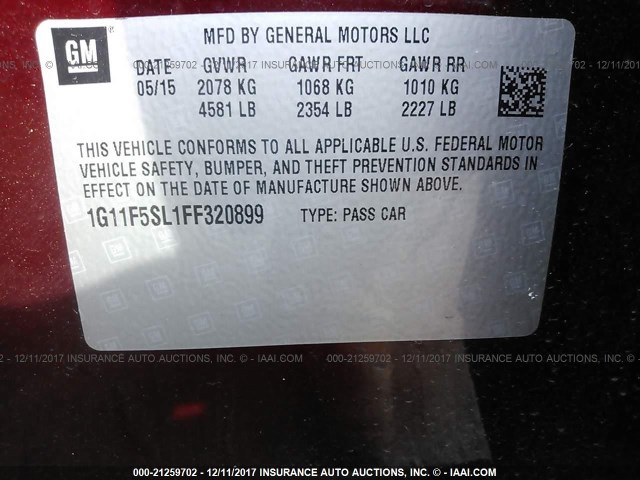 1G11F5SL1FF320899 - 2015 CHEVROLET MALIBU LTZ 栗色 照片 9