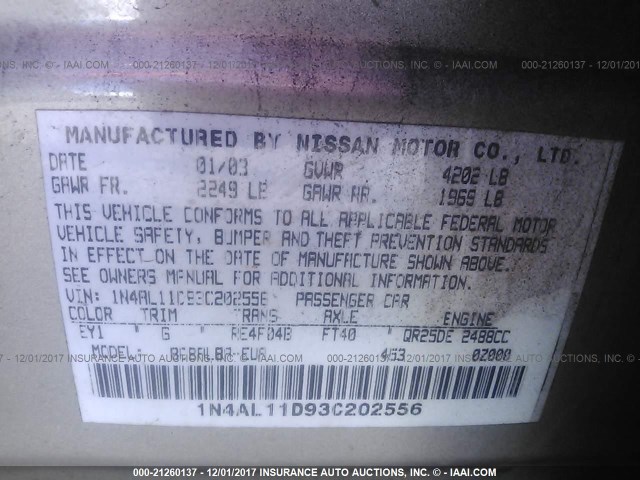 1N4AL11D93C202556 - 2003 NISSAN ALTIMA S/SL GOLD photo 9