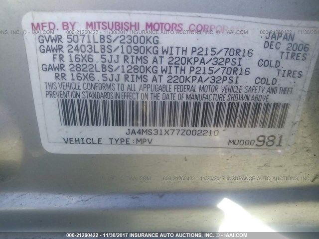 JA4MS31X77Z002210 - 2007 MITSUBISHI OUTLANDER ES/LS ვერცხლისფერი ფოტო 9