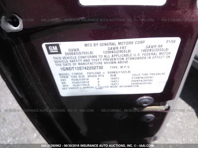 1GNDT13S742292730 - 2004 CHEVROLET TRAILBLAZER LS/LT BURGUNDY photo 9