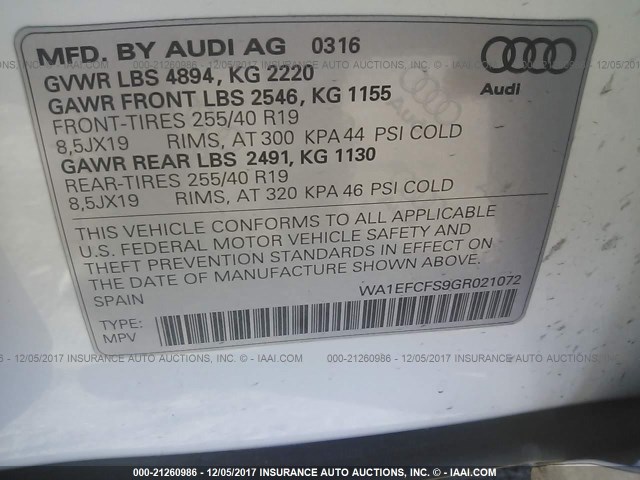 WA1EFCFS9GR021072 - 2016 AUDI Q3 PREMIUM PLUS WHITE photo 9