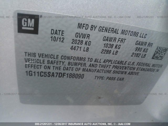 1G11C5SA7DF188090 - 2013 CHEVROLET MALIBU 1LT 银色 照片 9