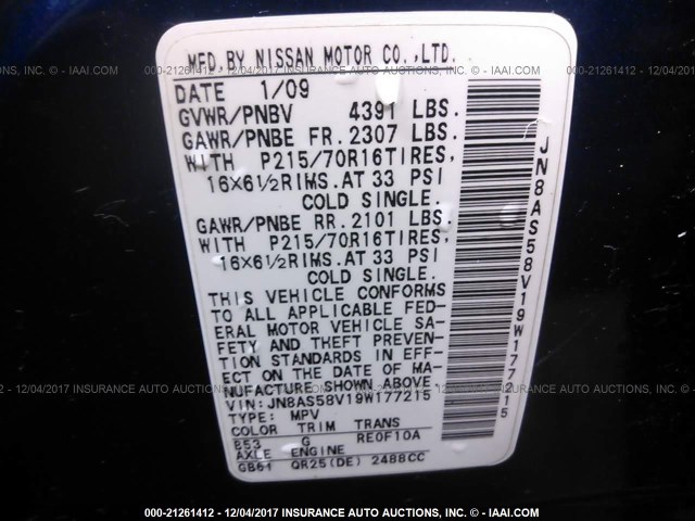 JN8AS58V19W177215 - 2009 NISSAN ROGUE S/SL BLUE photo 9