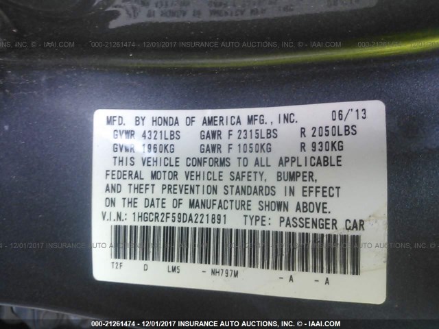 1HGCR2F59DA221891 - 2013 HONDA ACCORD SPORT 灰色 照片 9