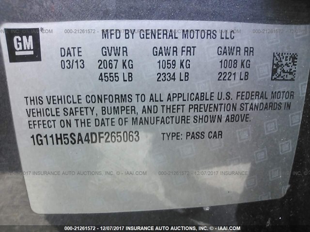 1G11H5SA4DF265063 - 2013 CHEVROLET MALIBU LTZ 灰色 照片 9